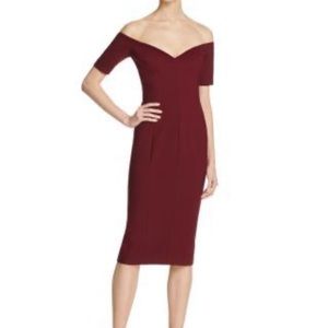 Cinq a Sept off the shoulder fitted cocktail dress in burgundy